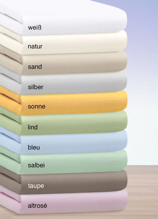 Spannbetttücher - Hochwertige Elastic-Mako-Feinjersey-Spannbetttücher, in Größe 133 (1 Spannbetttuch, 100/200 cm) bis 938 (1 Topper-Spannbetttuch,200/200 cm), in Farbe BLEU Ansicht 1