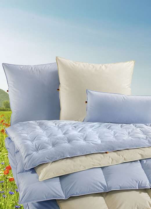 Bettwaren - Erstklassige Daunenkissen-Sonderserie blau & creme aus dem Schwarzwald, in Größe 120 (80/80 cm) bis 121 (40/80 cm), in Farbe CREME, in Ausführung Kissen Ansicht 1