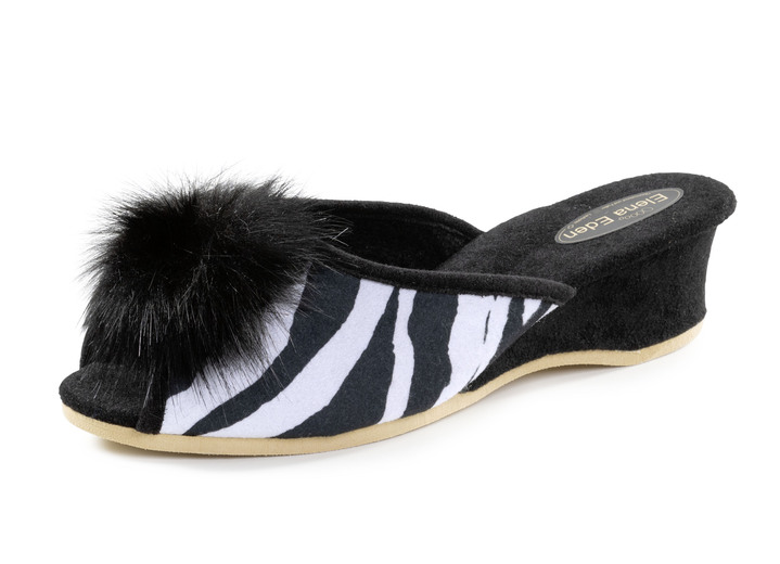 Hausschuhe - ELENA EDEN Pantolette mit schwarzem Kunstfellpompon, in Größe 036 bis 042, in Farbe SCHWARZ-WEISS Ansicht 1