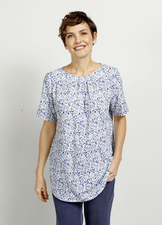 Kurzarm - Schlupfbluse mit floralem Druckdessin Kurzarm - Schlupfbluse mit floralem Druckdessin, in Größe 038 bis 048, in Farbe BLAU-TÜRKIS