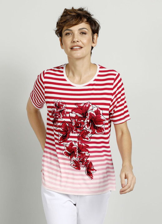 Kurzarm - Shirt mit platziertem Druckmotiv, in Größe 038 bis 052, in Farbe ROT-SCHWARZ-WEISS Ansicht 1