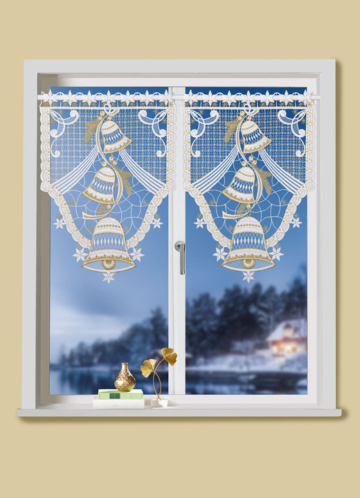 Kurzgardinen - Scheibenhänger aus echter Plauener Spitze, in Farbe WEISS-GOLD