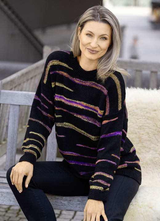 Pullover - Pullover mit Intarsienstreifen, in Größe L(44/46) bis XXL(52/54), in Farbe SCHWARZ-MULTICOLOR