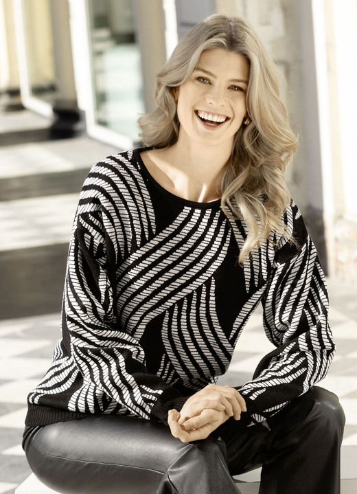Pullover - Pullover in Jacquard-Dessin, in Größe L(44/46) bis XXL(52/54), in Farbe SCHWARZ-ECRU