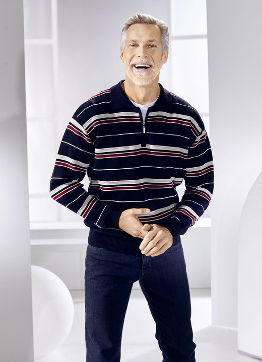 Gemustert - Polopullover mit kurzem Reißverschluss in 2 Farben Gemustert - Polopullover mit kurzem Reißverschluss in 2 Farben, in Größe 046 bis 062, in Farbe MARINE