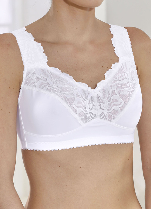 Damen - BH mit hübscher Elastikspitze, in Größe 080 bis 110, in Cup E, in Farbe WEISS Ansicht 1