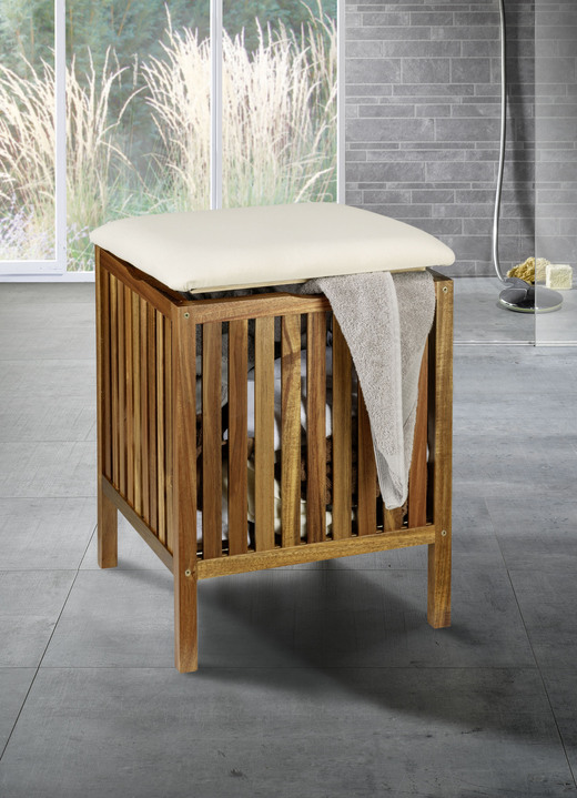 Badezimmermöbel - Massiver Badhocker aus Akazienholz mit Wäschebehälter, in Farbe BRAUN-BEIGE Ansicht 1