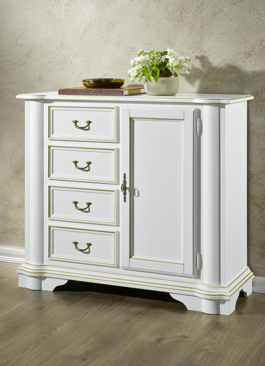 Sideboards - Kommodenserie aus teilmassivem Holz, in Farbe WEISS-GOLD, in Ausführung Schubladenkommode Ansicht 1
