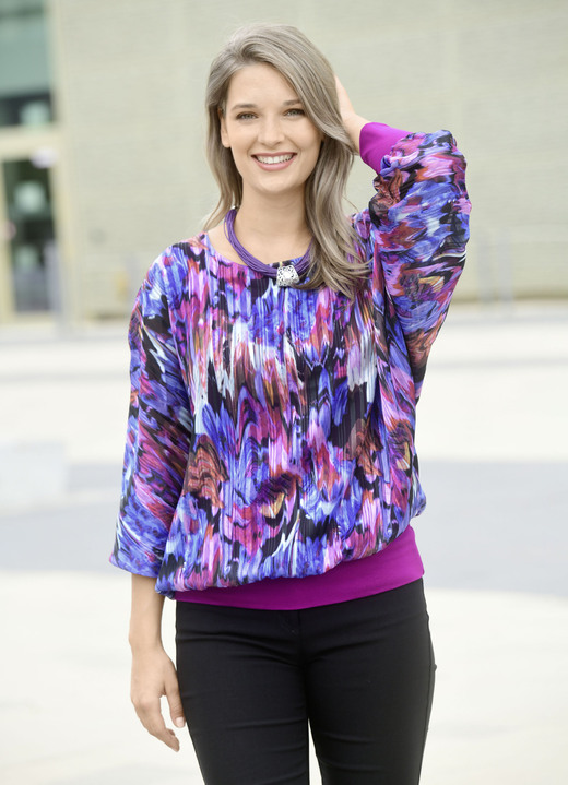 Langarm - Poncho-Tunika mit eingearbeitetem Top Langarm - Poncho-Tunika mit eingearbeitetem Top, in Größe 036 bis 052, in Farbe LILA-FUCHSIA-WEISS-BUNT