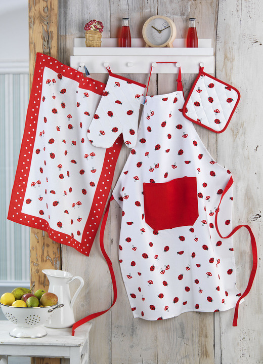 Geschenkideen - Küchenprogramm mit Marienkäfer- und Fliegenpilz-Motiven, in Größe 200 (2 Geschirrtücher, 50/70 cm) bis 502 (Schürze, 90/70 cm), in Farbe ROT-WEISS