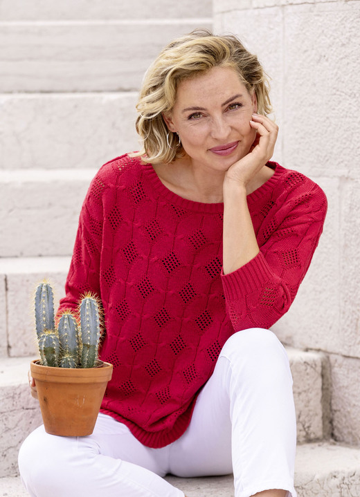 3/4-Arm - Pullover mit Rautendessin 3/4-Arm - Pullover mit Rautendessin, in Größe 036 bis 052, in Farbe ROT