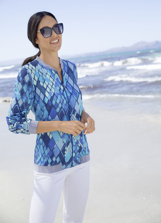 Langarm - Blusenjacke mit Glanzgarn Langarm - Blusenjacke mit Glanzgarn, in Größe 036 bis 052, in Farbe BLAU-TÜRKIS-ROYALBLAU-BUNT