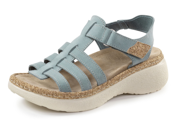 Sandaletten & Pantoletten - Stegspangen-Sandale mit Kork-Besätzen, in Größe 036 bis 042, in Farbe BLEU Ansicht 1