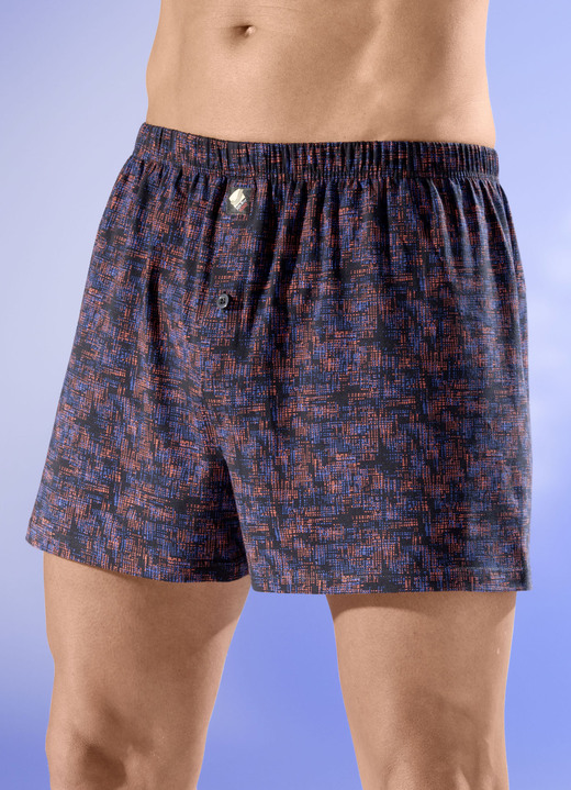 Herren - Viererpack Boxershorts mit knöpfbarem Eingriff, in Größe 005 bis 016, in Farbe 2X SCHWARZ-BLAU-TERRA, 2X SCHWARZ-BLAU-GRAU Ansicht 1