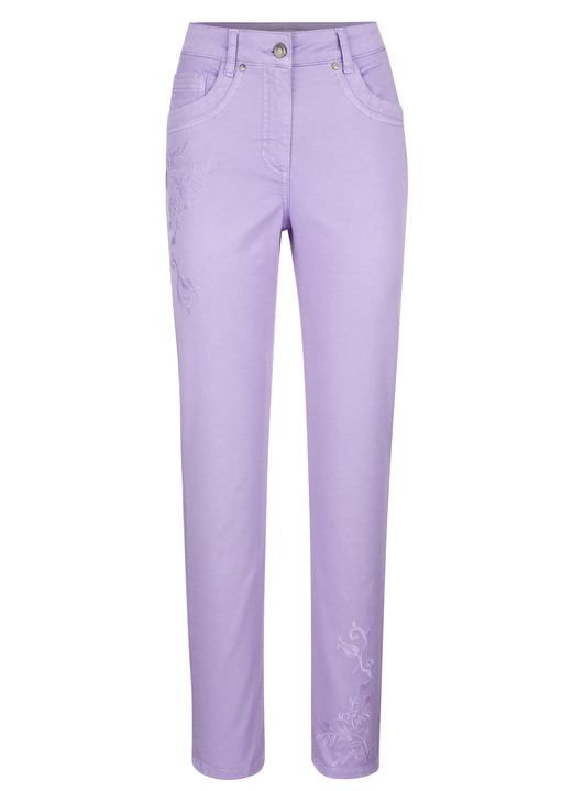 Hosen - Hose mit floraler Stickerei, in Größe 019 bis 046, in Farbe FLIEDER Ansicht 1