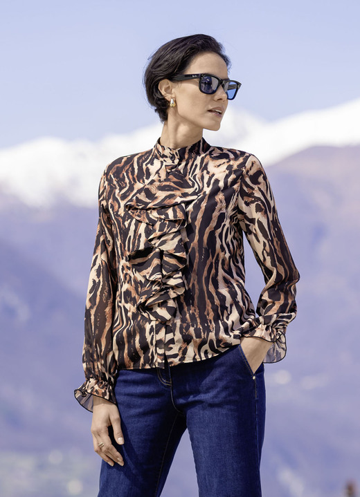 Langarm - Bluse mit verspielten Volants Langarm - Bluse mit verspielten Volants, in Größe 036 bis 052, in Farbe SCHWARZ-BRAUN-BEIGE