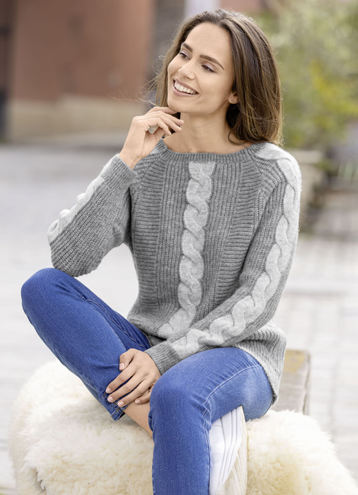 Langarm - Pullover mit Glitzerakzenten Langarm - Pullover mit Glitzerakzenten, in Größe L(44/46) bis XS(32/34), in Farbe GRAU MELIERT-HELLGRAU MELIERT