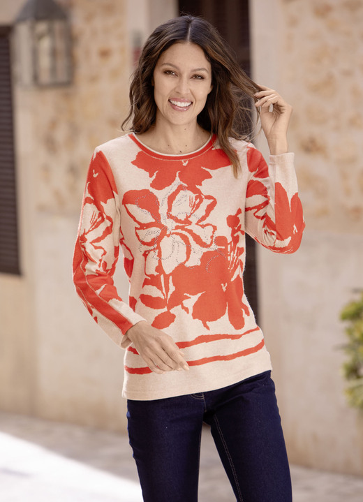 Langarm - Shirt mit Flatlocknähten in 2 Farben, in Größe 036 bis 052, in Farbe ORANGE-BEIGE Ansicht 1