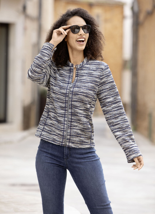 Langarm - Blusenjacke aus Bouclé, in Größe 036 bis 052, in Farbe MARINE-ECRU-KUPFER-BUNT Ansicht 1