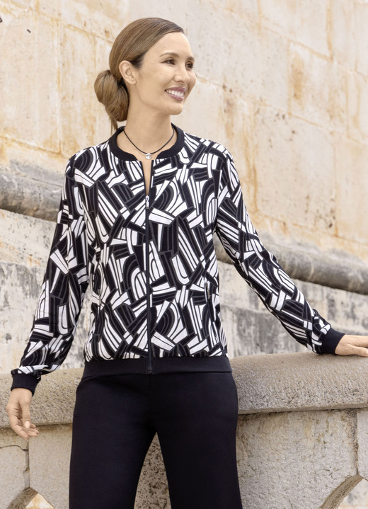 Langarm - Blusenjacke mit schwarzen Rippenbündchen, in Größe 036 bis 052, in Farbe SCHWARZ-WEISS-GRAU Ansicht 1