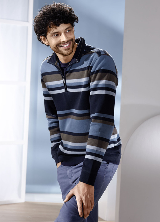 Sweatshirts - Troyer mit kurzem Reißverschluss, in Größe 3XL (64/66) bis XXL (60/62), in Farbe MARINE-JEANSBLAU GESTREIFT Ansicht 1
