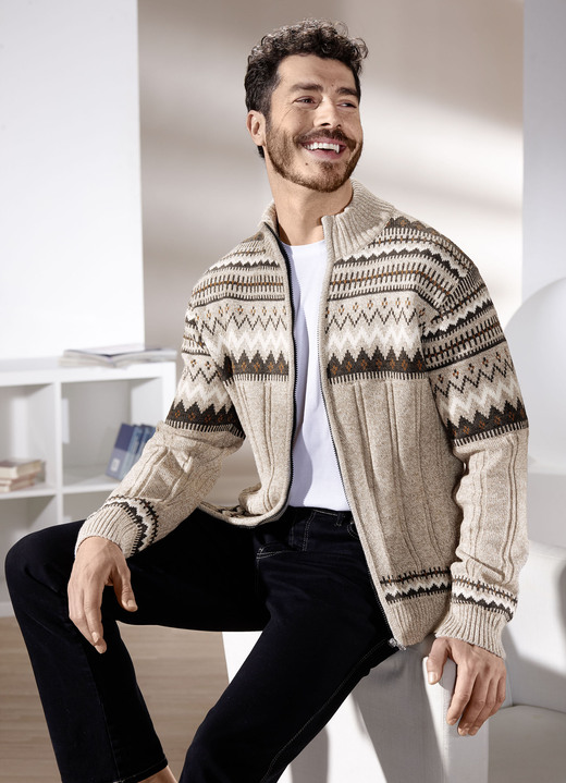 Strickjacken - Jacke mit durchgehendem Reißverschluss, in Größe 046 bis 062, in Farbe BEIGE-BRAUN MELIERT Ansicht 1