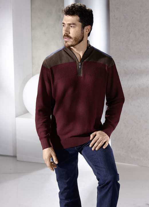 Gemustert - Stehkragenpullover mit Strukturmix Gemustert - Stehkragenpullover mit Strukturmix, in Größe 046 bis 062, in Farbe WEINROT-BRAUN MELIERT
