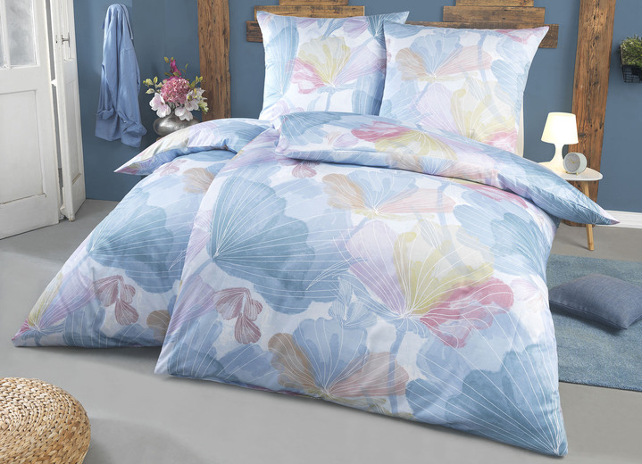 Bettwäschegarnituren - Beidseitig bedruckte Bettwäsche-Garnitur in Mako-Satin-Qualität, in Größe 112 (80/80 cm + 135/200 cm) bis 115 (80/80 cm + 155/220 cm), in Farbe BLAU-BUNT Ansicht 1