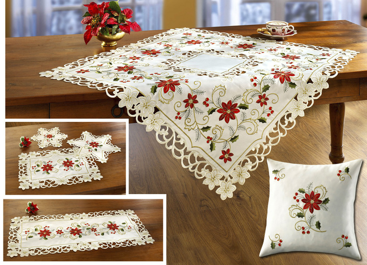 Heimtextilien - Tisch- und Raumdekoration mit weihnachtlichen Blüten, in Größe 101 (Deckchen, 35x 50 cm) bis 404 (Kissenbezug, 40x 40 cm), in Farbe SEKT-BUNT