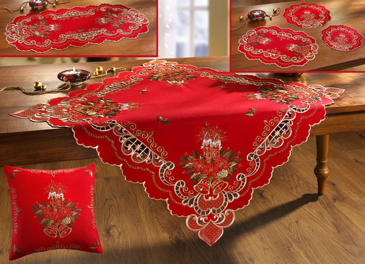 Heimtextilien - Aufwendig gestaltete Tisch- und Raumdekoration, in Größe 101 (Deckchen oval, 35x 50 cm) bis 404 (Kissenbezug, 40x 40 cm), in Farbe ROT