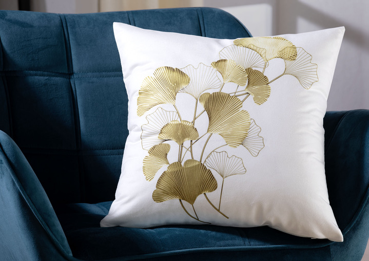 Dekokissen & Hüllen - Kissenbezug mit Ginkgo-Motiv, in Farbe CREME-GOLD Ansicht 1
