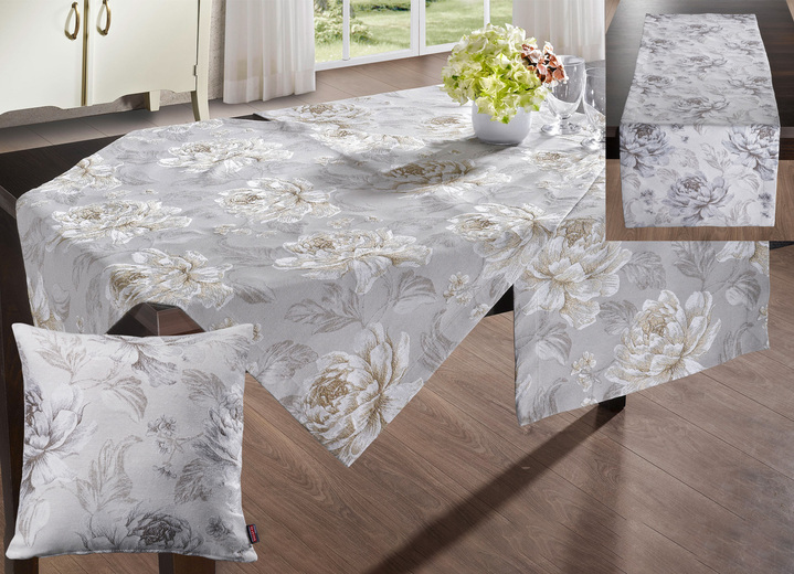 Heimtextilien - Tischdecke oder Kissenbezug mit Blüten-Dessin, in Größe 102 (Läufer, 40x100 cm) bis 404 (Kissenbezug, 40x 40 cm), in Farbe BEIGE-SILBER