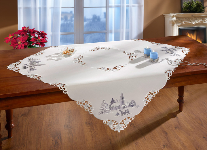 Heimtextilien - Tischdecke mit romantischem Winterdorf-Dessin, in Größe 101 (2x Platzset, 35x 50 cm) bis 404 (Kissenbezug, 40x 40 cm), in Farbe WOLLWEISS Ansicht 1