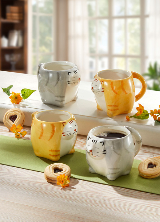 Geschenkideen - Katzen-Tasse, 2er-Set, aus hochwertiger Keramik, in Farbe GRAU-WEISS Ansicht 1