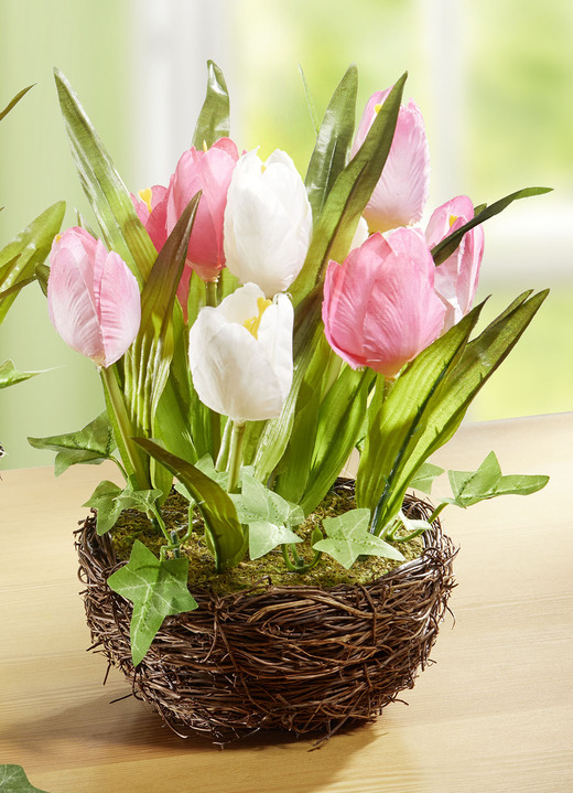 Kunst- & Textilpflanzen - Tulpen im Weidekorb, in Farbe ROSA-WEISS, in Ausführung Rosa-Weiss, groß Ansicht 1