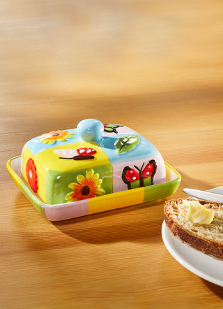 Farbenfrohe Butterdose aus Keramik