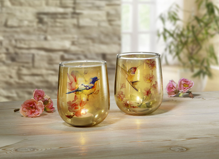 Geschenkideen - Glas-Windlicht mit Vögelchen-Szene, 2er-Set, in Farbe BUNT Ansicht 1