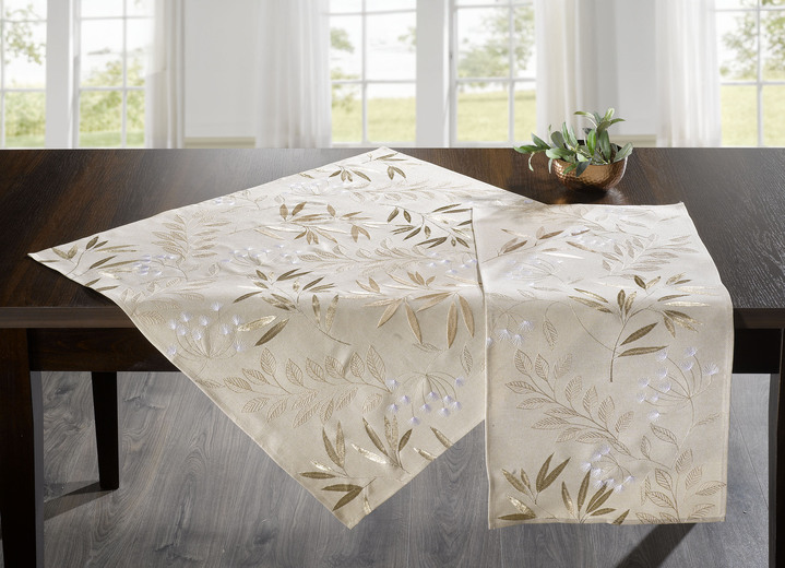 Heimtextilien - Bestickte Tisch- und Raumdekoration mit Gräser- und Blätter-Dessin, in Größe 130 (2 Deckchen, 35x 50 cm) bis 404 (Kissenbezug, 40x 40 cm), in Farbe BEIGE Ansicht 1