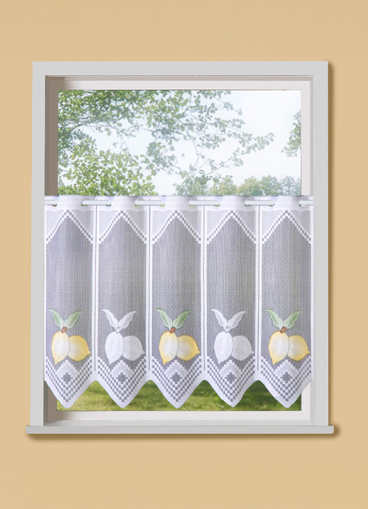 Kurzgardinen - Handcolorierter Kurzstore mit gezacktem Abschluss, in Größe 119 (H50x B90 cm) bis 123 (H50xB195 cm), in Farbe WEISS-GELB