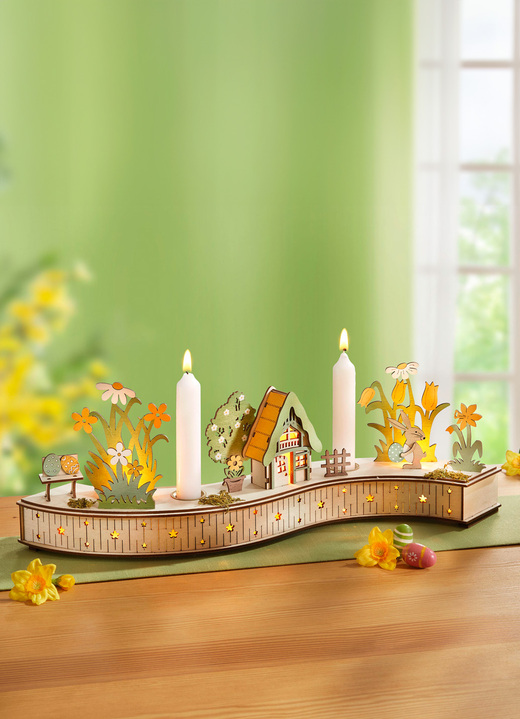 - Geschwungener Kerzenhalter aus Holz, in Farbe NATUR-GRÜN-GELB