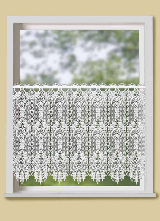 Kurzgardinen - Kurzstore in Macramé-Optik, in Größe 785 (H48xB 80 cm) bis 791 (H48xB140 cm), in Farbe WEISS