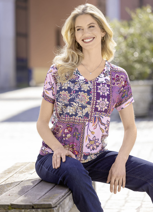 Kurzarm - Shirt mit Blumendruck Kurzarm - Shirt mit Blumendruck, in Größe 036 bis 048, in Farbe ROSÉ-AUBERGINE-MARINE-BUNT