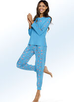 Schlafanzug aus BIO-Baumwolle mit gemustertem Besatz seitlich AZURBLAU-BUNT