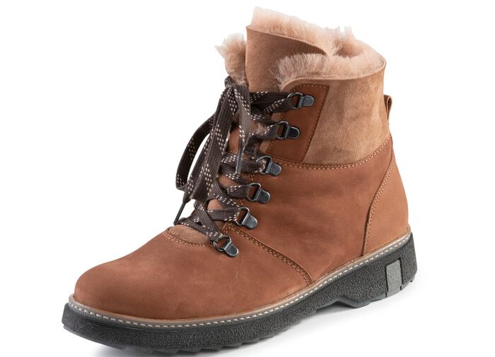Waldl&auml;ufer Schn&uuml;r-Stiefelette mit kuscheligem Kragen aus Lammfell BRAUN