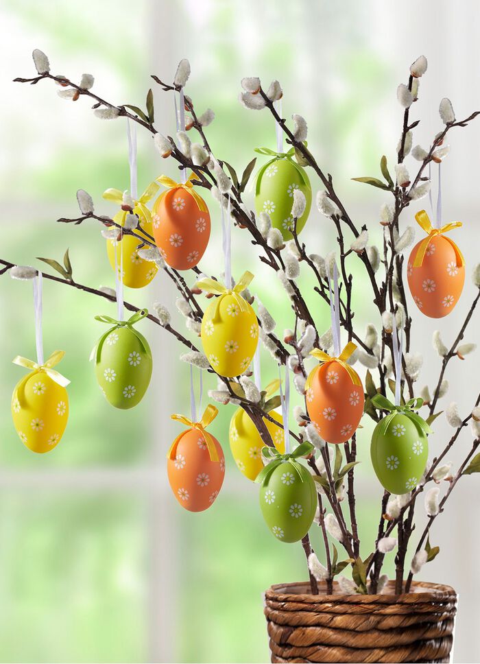 Ostereier mit fr&uuml;hlingshaftem Motiv, 12er-Set GELB-GR&Uuml;N-ORANGE