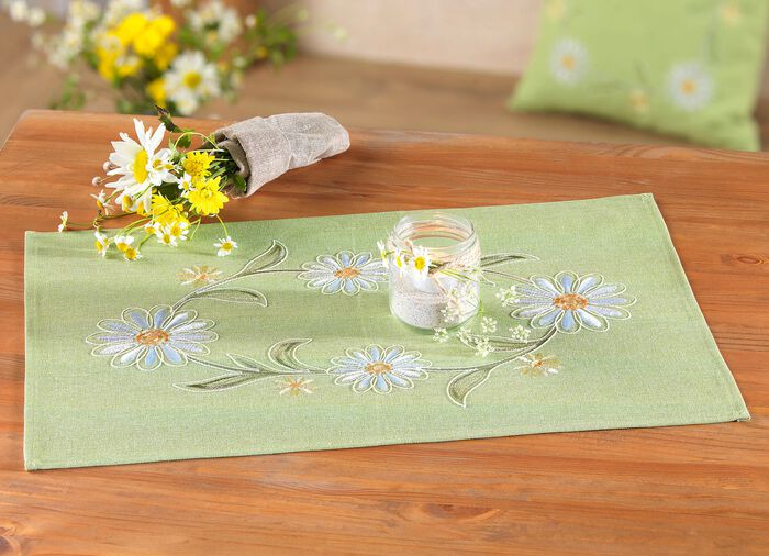 Bestickte Tischdecke oder Kissenbezug GR&Uuml;N-BUNT