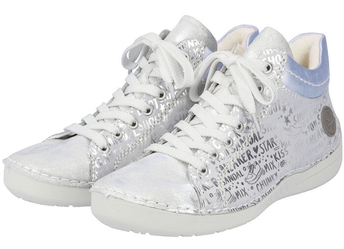 Rieker Schnür-Bootie aus originell bedrucktem Synthetikmaterial SILBERGRAU-BLEU