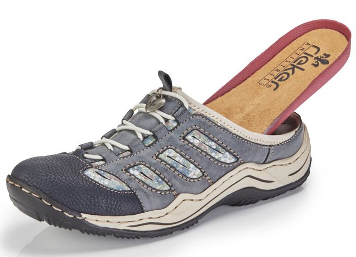 Rieker, klassische Damen-Clogs, mit Elastik-Zierschn&uuml;rung JEANS-BEIGE