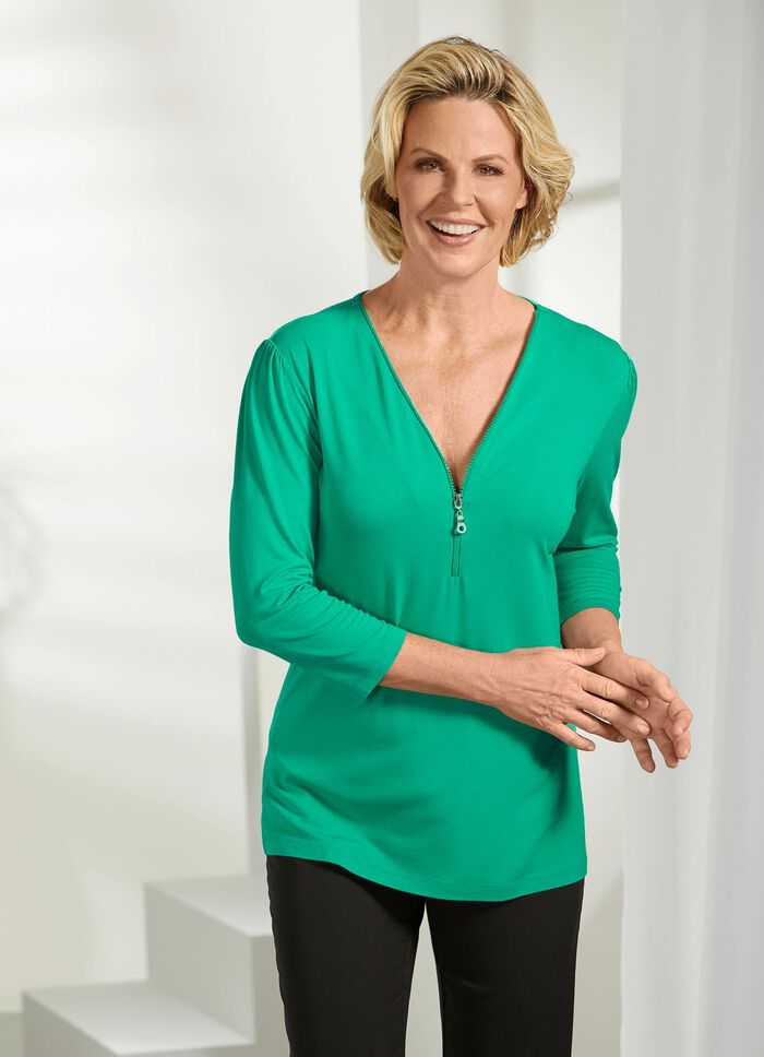 Shirt mit Rei&szlig;verschluss am V-Ausschnitt in 3 Farben 