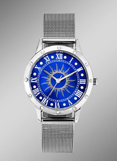 Silberfarbene Damenuhr mit Sonnenmotiv und Kristallakzenten 